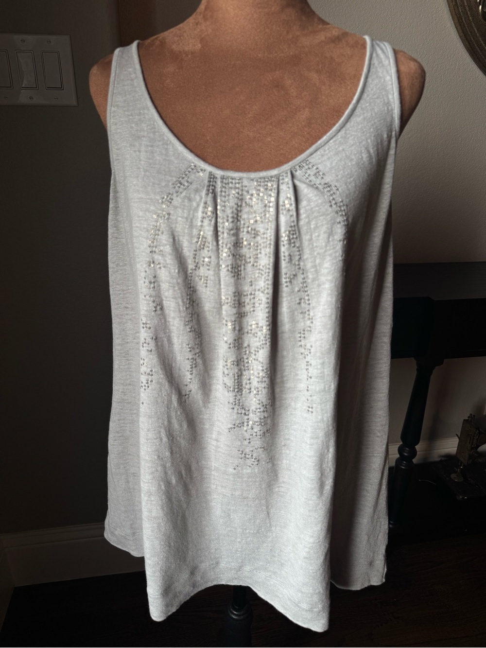 Eileen Fisher 100% Linen Slub Embellished Scoop Neck Tank Top Gray Sequin Size M
